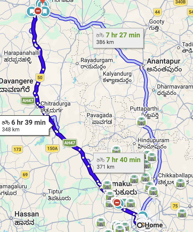 Google Maps route from Bengaluru to Hampi