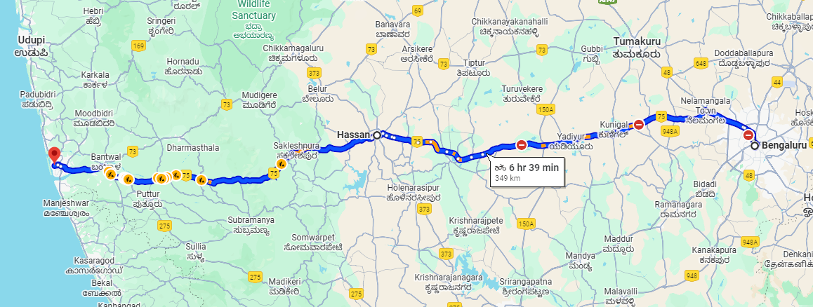 Google maps route from Bengaluru to Mangaluru